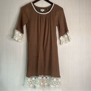Umgee Women’s Brown Dress Ivory Crochet Trim Round Neck Boho Lined Size Small